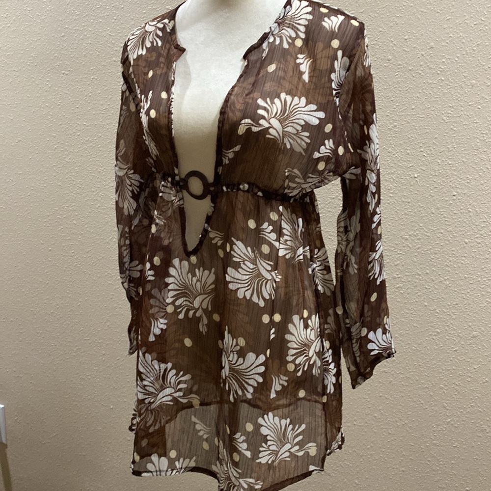 Sheer brown and beige bathing suit cover up. - Picture 2 of 5